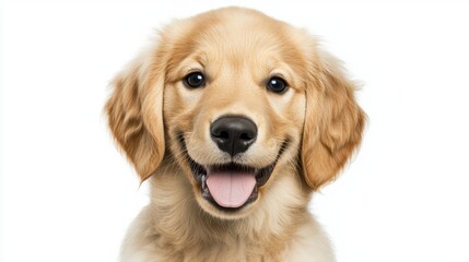 Happy Golden Retriever Puppy with Playful Expression on White Background