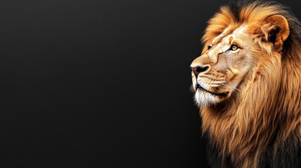 Majestic Lion Profile with Intense Expression Against Dark Background