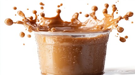 Dynamic Splash of Creamy Coffee in Transparent Cup on White Background