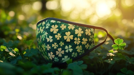 Shamrock mask rests on clover, sunset