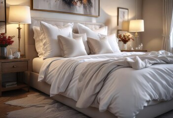 Soft lighting illuminates a luxurious bed with crisp white linens and fluffy pillows in a serene bedroom atmosphere , bed, relaxing