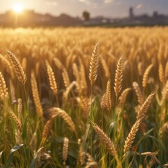Fototapeta premium Softly glowing wheat flowers bloom among the golden grain, illuminated by warm sunlight filtering through the sky, sunlight, field of gold