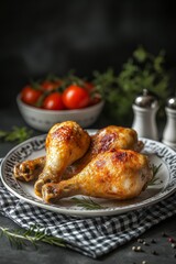 Roasted chicken legs on a plate with herbs and tomatoes.