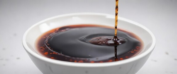 Soy sauce droplet in a small bowl on white background, tableware, small bowl