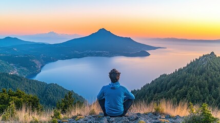 Serene Sunset View from Mountain Peak Overlooking Calm Lake Landscape