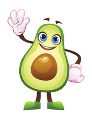 Cute avocado character waving happily. Vector cartoon illustration