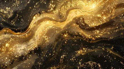 Abstract golden and black swirling patterns with glittering elements.