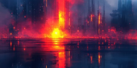 Fototapeta premium Vividly Illuminated Futuristic Cityscape with Bright Orange and Red Lights Reflecting in a Tranquil Body of Water at Dusk or Dawn