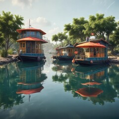 Obraz premium Quirky houseboats with umbrellas floating on calm waters, structures, whimsical, waters, floating