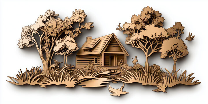 high-tech equipment for laser cutting of large-size plywood. Nature, house, birds