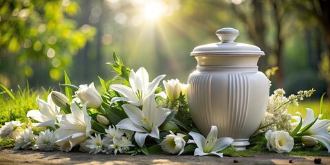 Elegant Farewell Ceremony with White Urn Surrounded by White Lilies - A Touching Tribute to Loved Ones, Grief, Mourning, and Remembrance in Serene Settings