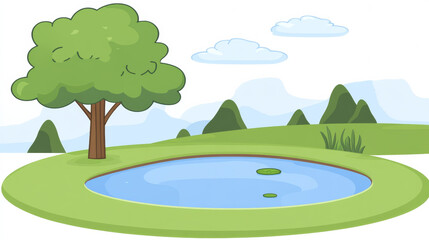 Obraz premium serene pond with tree and hills in background