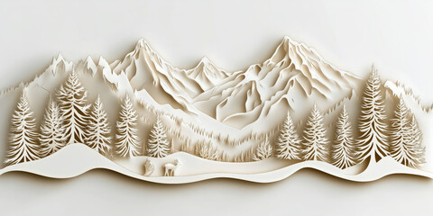 file for multilayer laser cutting of plywood, nature, fir trees, mountains, hare.Close-up on a white background