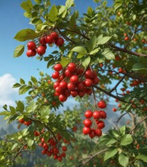 Obraz premium Red ripe berries hanging from the branch of a rose hip bush, nature, foliage