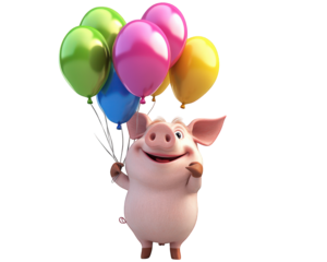 cheerful pig character holding colorful balloons, isolated on transparency background, brings sense of joy and celebration. Perfect for festive themes and children content