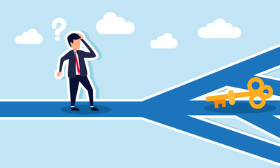 Obraz premium A businessman looks confused while standing on a branching road, with a dollar coin on one path, illustration of confusion in deciding the right approach to solving business problems