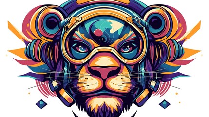 Obraz premium Colorful illustration of a lion wearing futuristic headphones, set against a vibrant abstract background