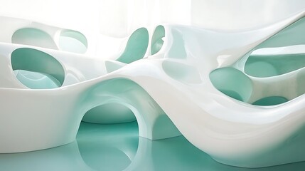 Abstract White And Green Sculptures Exhibiting Fluid Forms