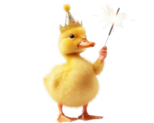 cheerful duck wearing party crown holds sparkler, celebrating joyfully. This adorable scene captures essence of fun and festivity