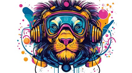 Colorful illustration of a lion wearing headphones and goggles, surrounded by vibrant abstract shapes