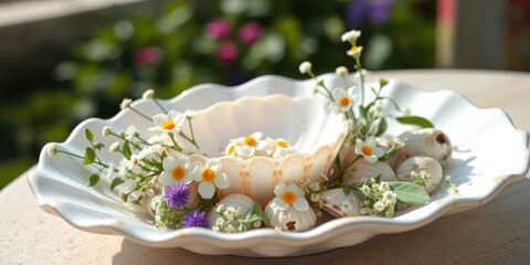 Fototapeta premium Seashell dish garnished with delicate flowers and greenery in a serene outdoor setting, water feature, serenity now