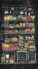 Chalkboard Drawing Of A Well Stocked Grocery Store