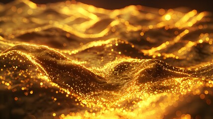 Fototapeta premium A shimmering, golden landscape with undulating waves and sparkling particles.