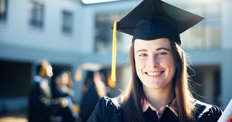 Graduation, student and woman with certificate, knowledge and achievement for people with scholarship. Portrait, excited and pupil with degree for education, success and completion of university