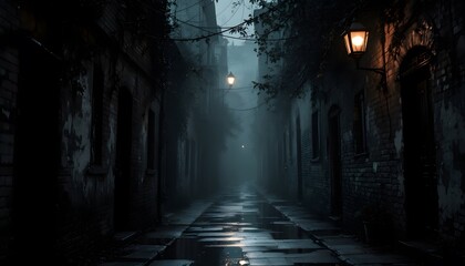 Fototapeta premium Dark Foggy Alleyway With Glowing Streetlights