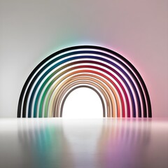 Obraz premium A series of concentric arcs in various colors create a vibrant rainbow effect against a plain background. Light reflects on the smooth floor, enhancing the spectrum of hues and adding a sense of depth