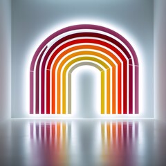 Fototapeta premium A glowing rainbow-like installation is displayed on a sleek, reflective floor in a minimalist white room. The vibrant arcs of color transition from red to yellow, creating a striking visual impact.