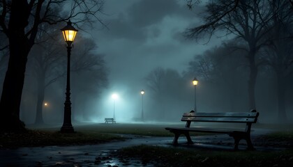 Foggy Night Park Scene With Lampposts And Bench