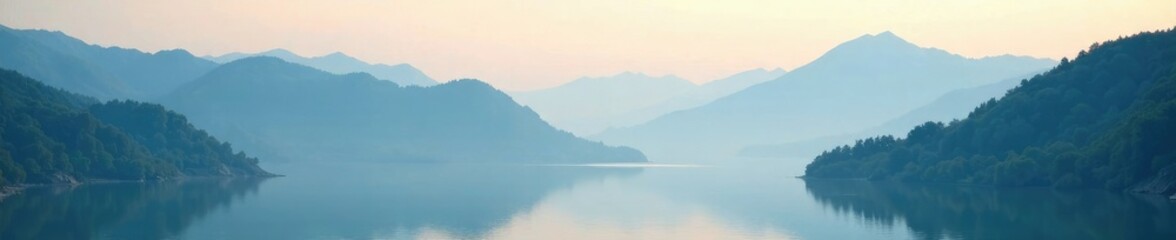Fototapeta premium Soft focus on misty mountains creates a dreamy atmosphere, Breezy, Horizon, Water