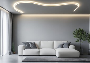 Fototapeta premium Modern living room with white sectional sofa, grey wall, and curved ceiling light.