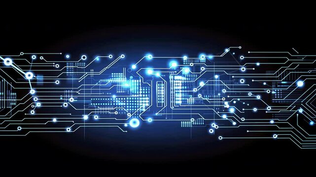 Futuristic digital circuit technology with glowing blue elements and intricate patterns, showcasing abstract background of electronics and network data.