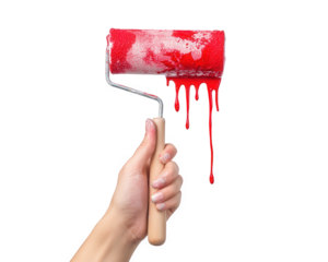 hand holding paint roller with dripping red paint, showcasing creativity and DIY spirit. Perfect for home improvement and artistic projects