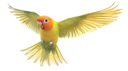 Rosy-faced lovebird with open wings flying on transparent background