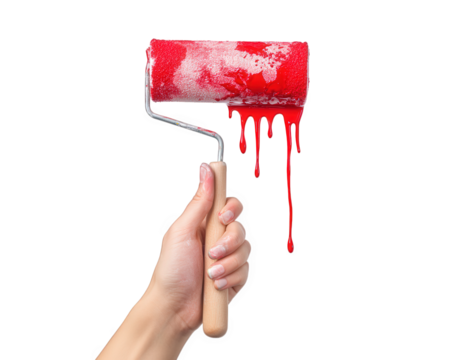 hand holding paint roller with dripping red paint, showcasing creativity and DIY spirit. Perfect for home improvement and artistic projects - Powered by Adobe