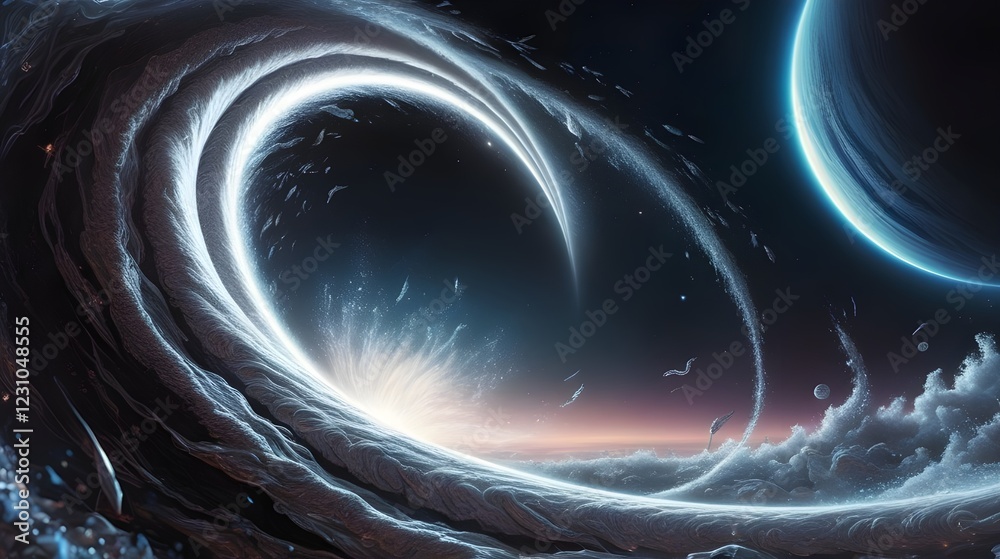 Wall mural a cosmic scene features a grand spiral wave that blends into the vast expanse of space, illuminated 