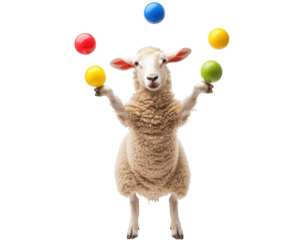 sheep juggling colorful balls, showcasing playful and entertaining scene. This whimsical image captures joy of juggling in unique way