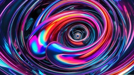 A vibrant swirl of neon colors creates a mesmerizing spiral pattern. The dynamic mix of blues, pinks, and purples forms an abstract, futuristic design.