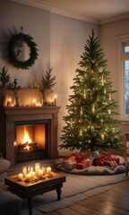 Spruce Christmas tree in a cozy living room with candles and fireplace, holiday ambiance, warm glow, living room decor