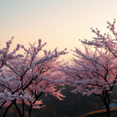 Panoramic shot of cherry blossom trees casting a pink hue over Yangjaecheon, nature, bloom, scenic