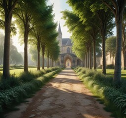 Obraz premium Panoramic shot of Cluny Abbey's grounds with a tranquil atmosphere and walking paths, Burgundy region , greenery, peaceful atmosphere