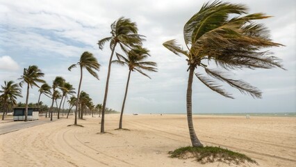 Fototapeta premium Palm trees swaying in the wind on a sandy beach, beach, motion, scenery, wind, landscape
