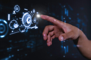 DevOps concept, software development, IT operations, agile programming, Concept with dev ops icon on computer screen and project manager, coder or sysadmin typing on keyboard, high software quality.