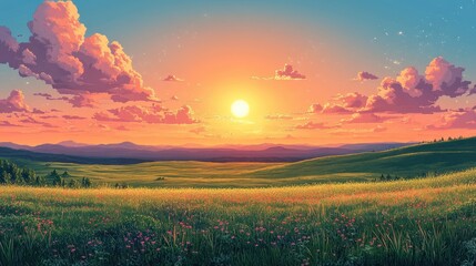 Fototapeta premium A Mesmerizing Sunset Casting Warm Hues Over Rolling Hills and Vast Meadows Underneath a Vibrant Sky with Billowy Clouds and Forested Background