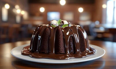 Chocolate cake, cafe setting, dessert, delicious,  dripping glaze, bokeh background, food photography