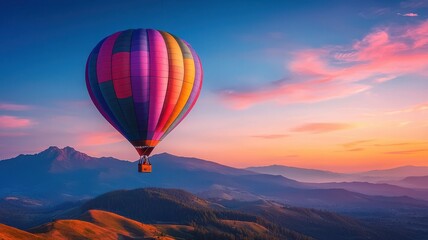 Fototapeta premium Colorful hot air balloon adventure over majestic mountains at sunrise scenic landscape aerial view travel photography