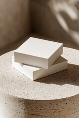 Two blank white boxes on a textured beige pedestal, sunlit.